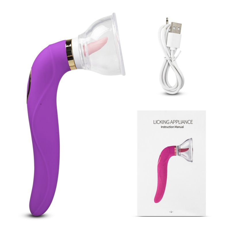 Sextoy rechargeable violet avec stimulation par succion, vibration et mouvement de langue.