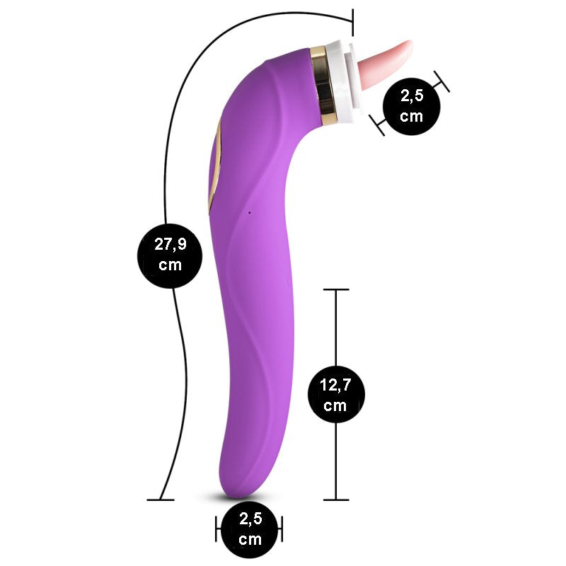 Stimulateur clitoridien violet avec 8 modes et deux embouts pour différentes sensations.