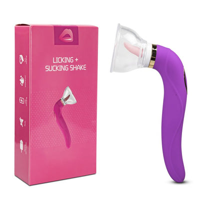 Vibromasseur intime violet avec effet langue, succion et deux tasses de tailles différentes.