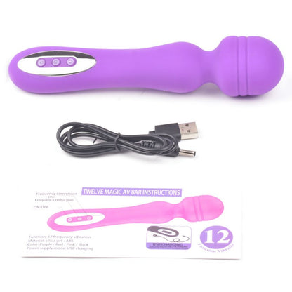 Vibromasseur baguette magique violet à 12 intensités pour massage et stimulation intime.
