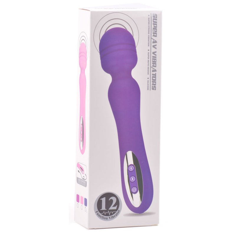 Masseur puissant en silicone violet avec tête large et vibrations réglables.