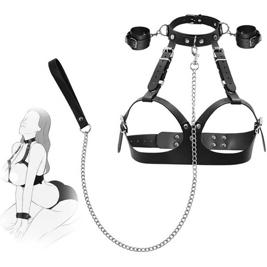 1.	Harnais soutien-gorge BDSM noir avec collier, laisse et menottes