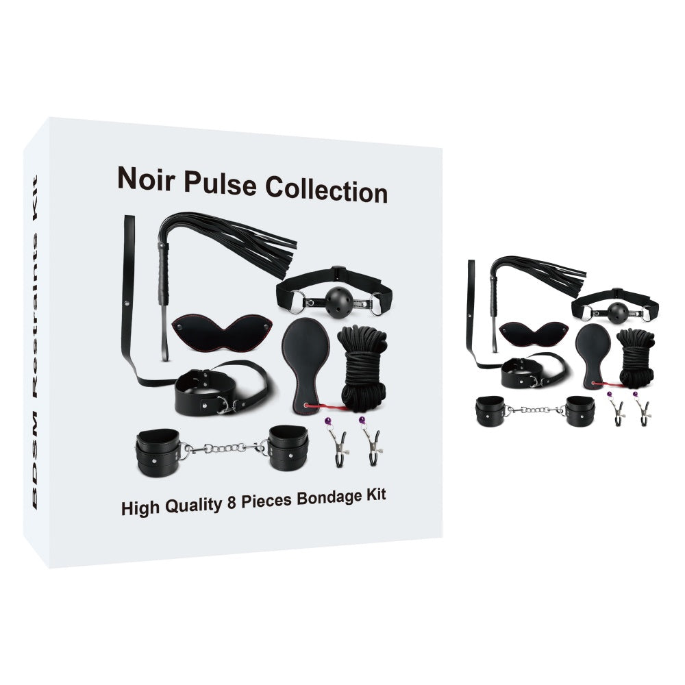 Présentation du kit BDSM 8 pièces dans sa boîte cartonnée