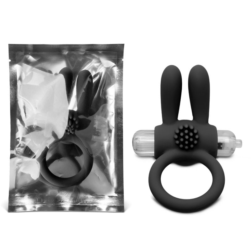 Anneau vibrant pénis silicone noir rabbit stimulation clitoridienne pile incluse