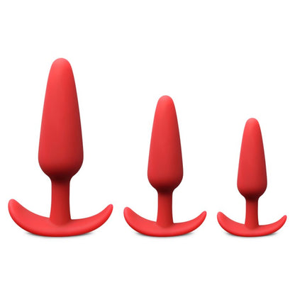 Lot 3 plugs anaux silicone rouge tailles progressives base sécurisée étanche