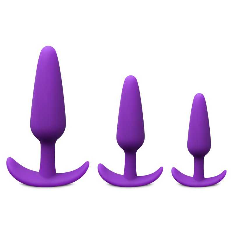 Lot 3 plugs anaux silicone violet tailles progressives base sécurisée étanche
