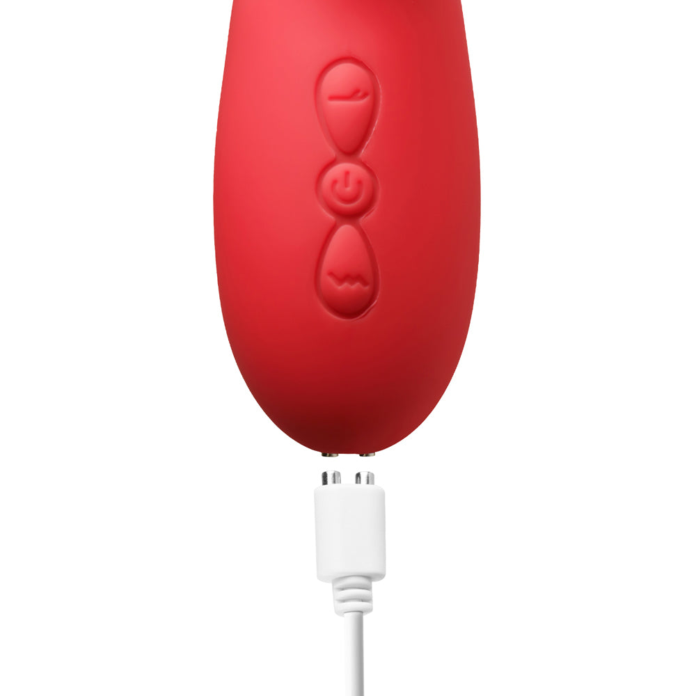 6.	Vibromasseur rechargeable via USB avec câble inclus, illustrant sa praticité au quotidien.